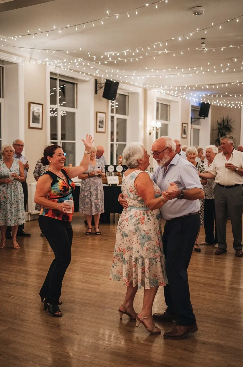 Seniors enjoying social dancing at a retirement club.