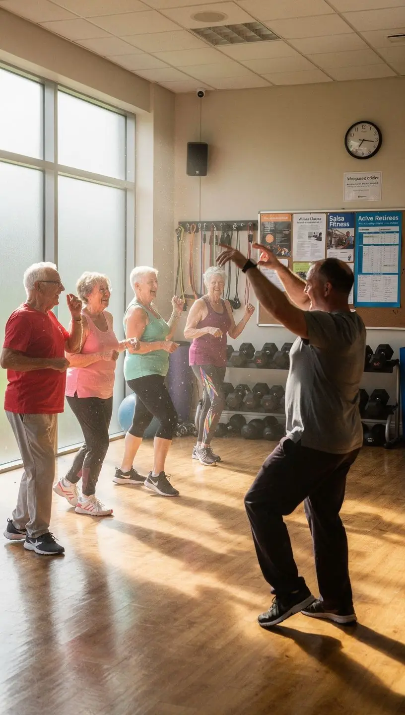 Group of seniors dancing bachata at a social event
